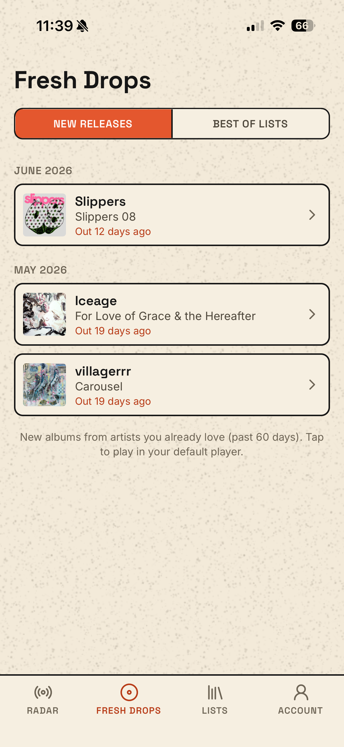 New Releases feed: brand-new albums from artists you already love, grouped by month.