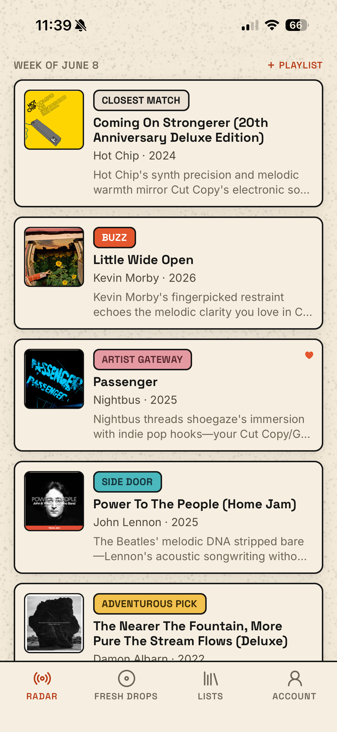 The weekly Radar with five categorized album recommendations.